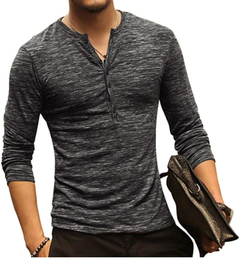 KUYIGO Men's Casual Mens Shirts Stylish Basic Henley Long Sleeve Cotton Fashion T-Shirt Black Medium - Image 3